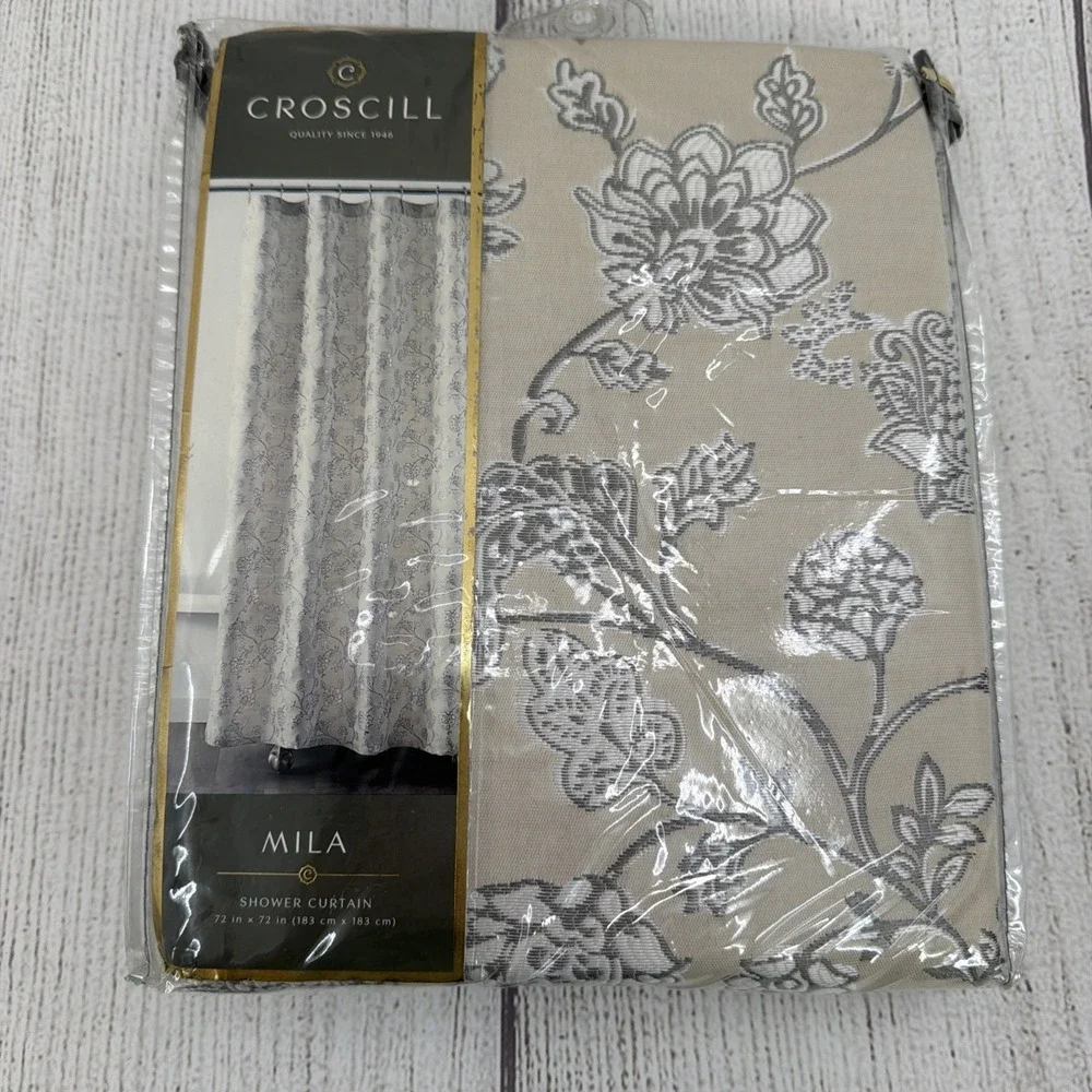 Croscill Shower Curtain Mila Linen Floral Jacquard Beige White Embroidered